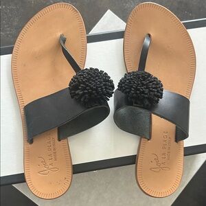 Joie Black and Tan Leather Sandals with Pom Poms
